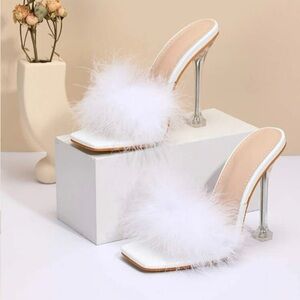 Fuzzy White Mule Heel Sandals Sexy Shoes